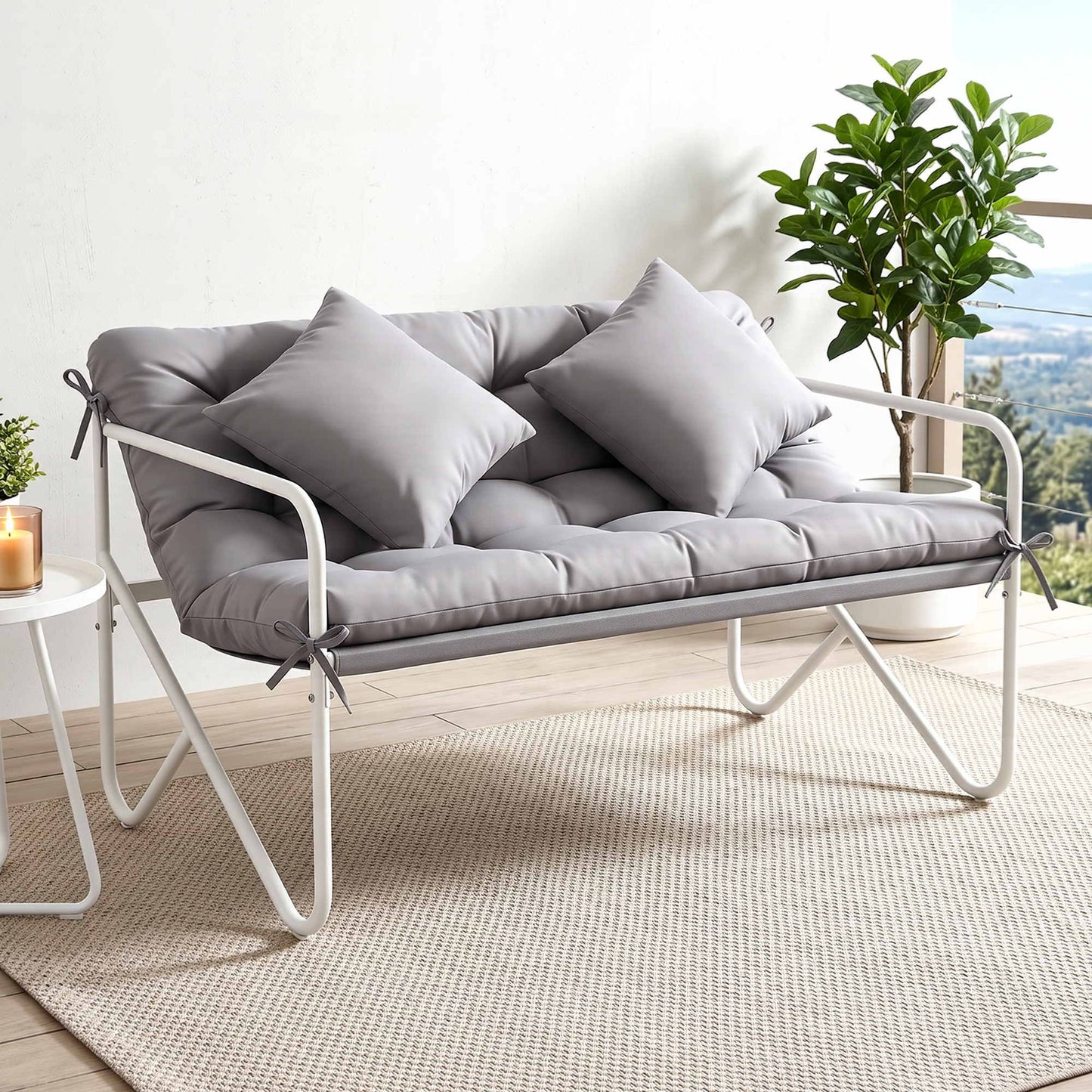 Gardeon Garden Bench 2 Seater Outdoor Bench Metal with Cushion 118cm White Frame Grey Cushion