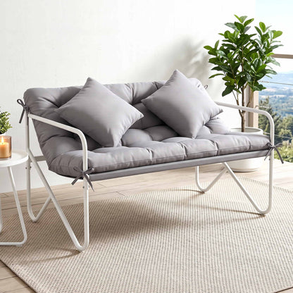 Gardeon Garden Bench 2 Seater Outdoor Bench Metal with Cushion 118cm White Frame Grey Cushion