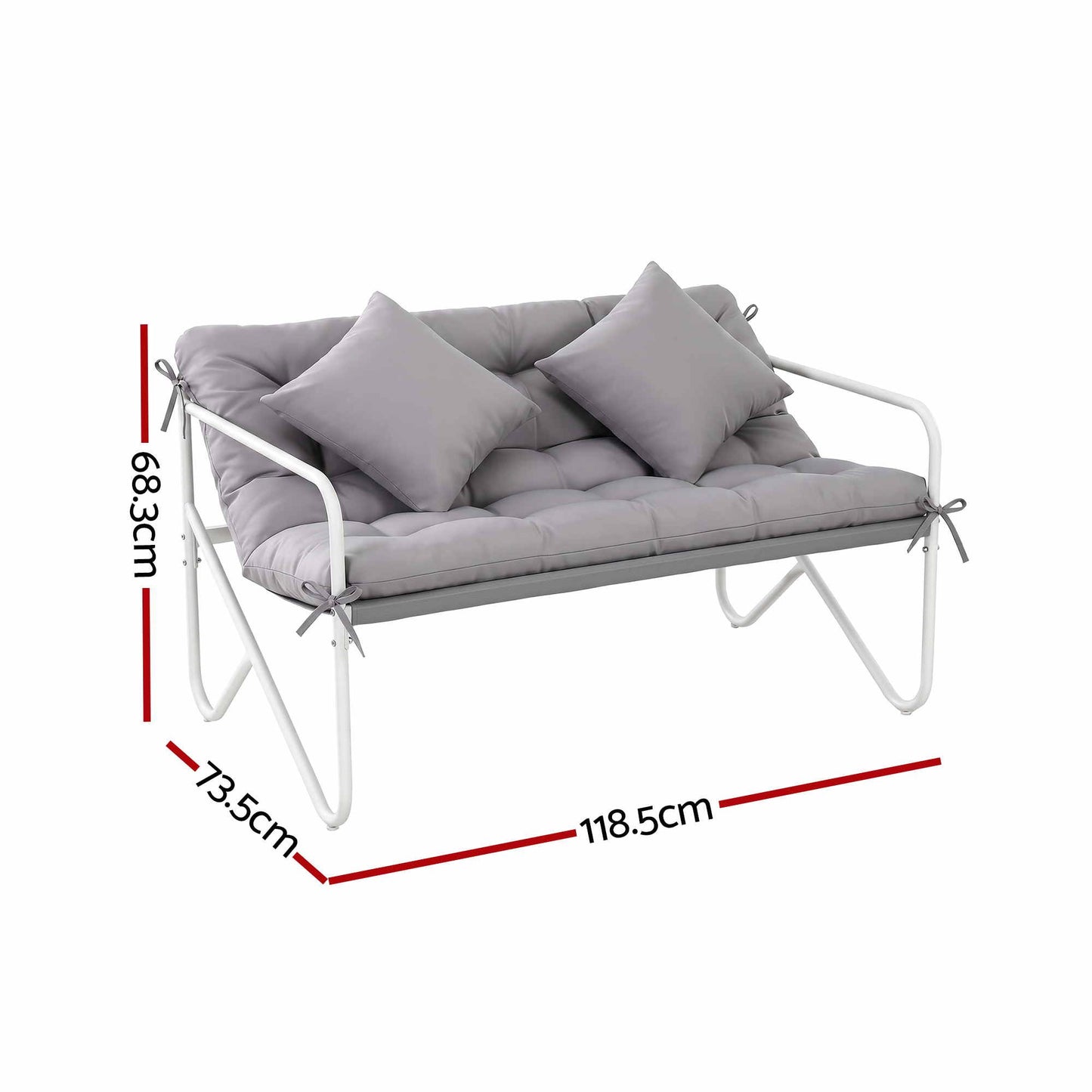 Gardeon Garden Bench 2 Seater Outdoor Bench Metal with Cushion 118cm White Frame Grey Cushion