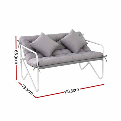 Gardeon Garden Bench 2 Seater Outdoor Bench Metal with Cushion 118cm White Frame Grey Cushion
