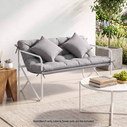 Gardeon Garden Bench 2 Seater Outdoor Bench Metal with Cushion 118cm White Frame Grey Cushion