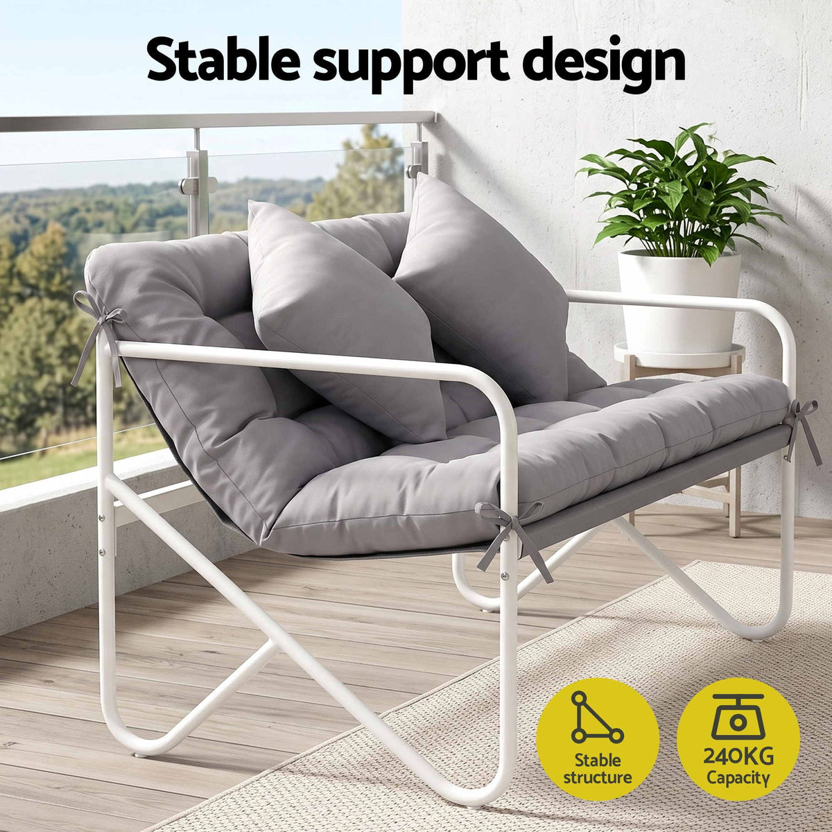 Gardeon Garden Bench 2 Seater Outdoor Bench Metal with Cushion 118cm White Frame Grey Cushion