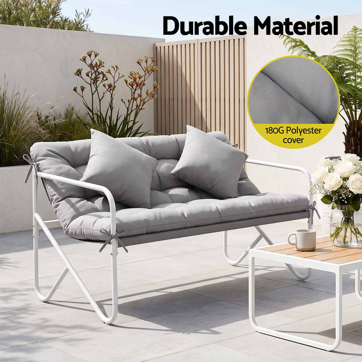Gardeon Garden Bench 2 Seater Outdoor Bench Metal with Cushion 118cm White Frame Grey Cushion