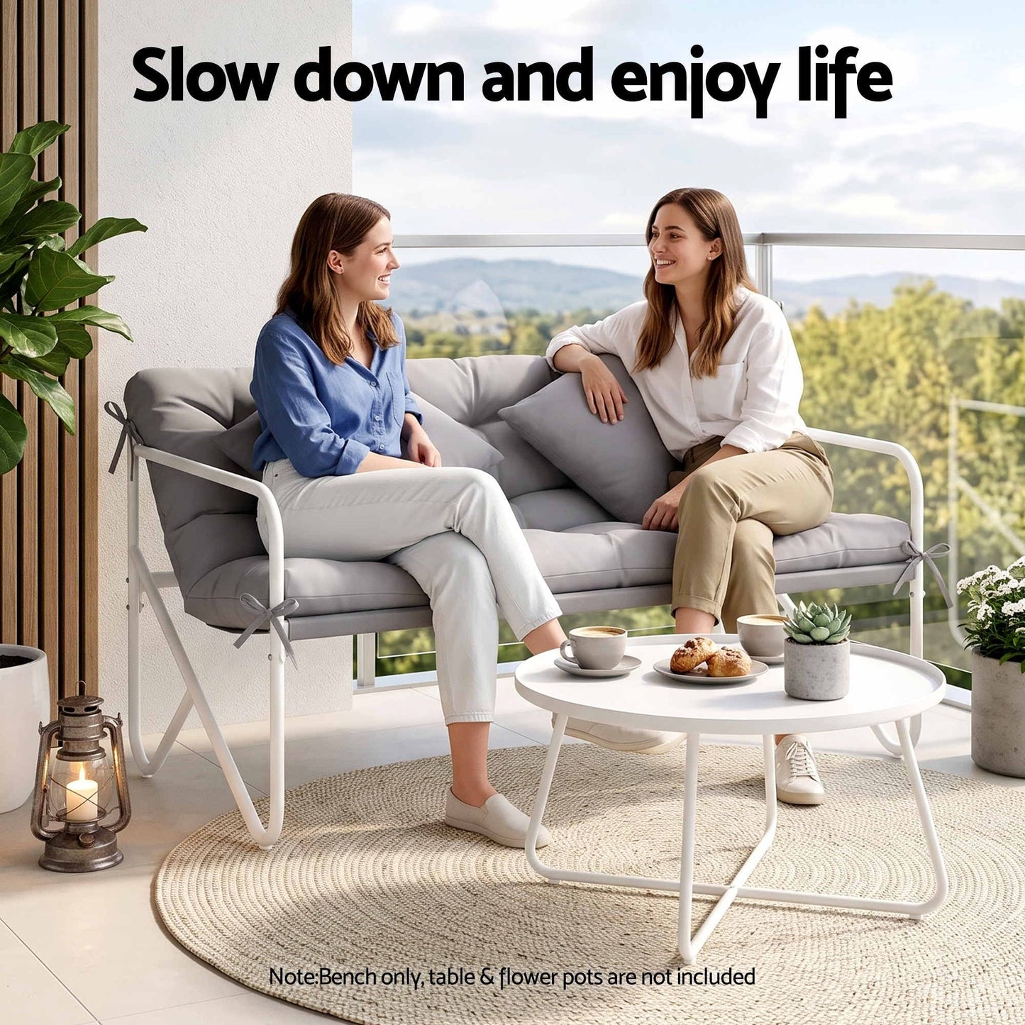 Gardeon Garden Bench 2 Seater Outdoor Bench Metal with Cushion 118cm White Frame Grey Cushion