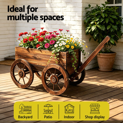 Gardeon Wooden Planter Cart Garden Decor Plant Stand Fir Wood Flower Wagon Wheels XL
