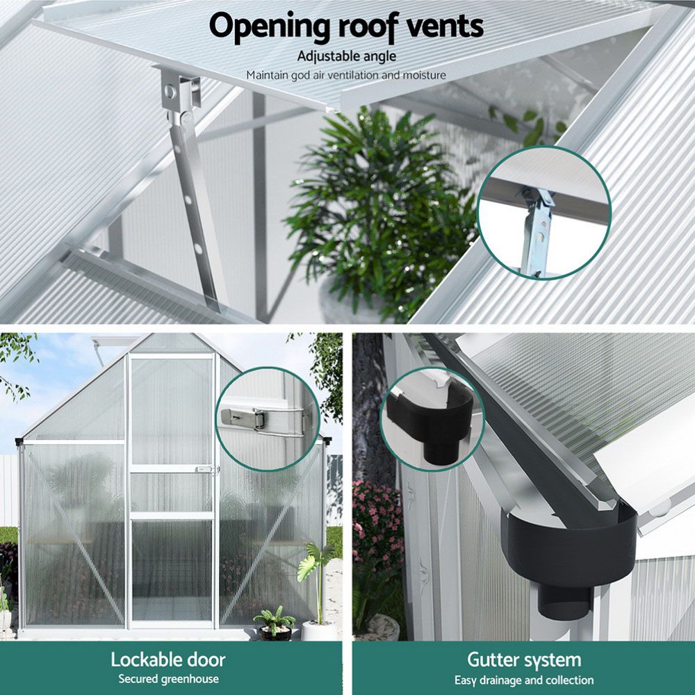 Green Fingers greenhouse gutter system preventing rainwater pooling