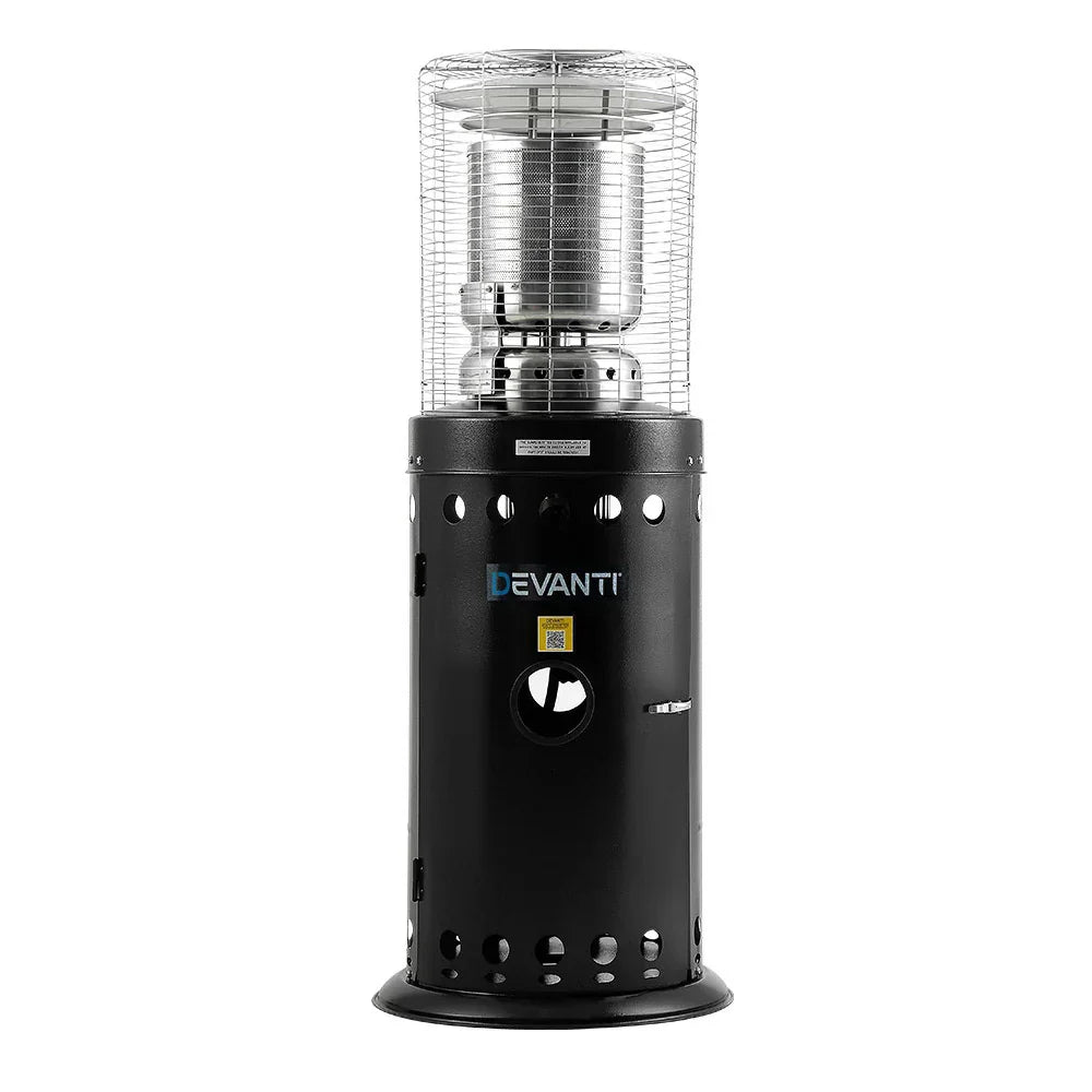 Black outdoor gas patio heater with metal safety grill and cylinder base, front view
