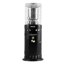 Black outdoor gas patio heater with metal safety grill and cylinder base, front view
