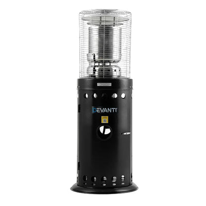 Black outdoor gas patio heater with metal safety grill and cylinder base, front view