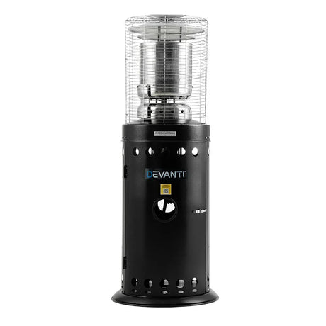 Black outdoor gas patio heater with metal safety grill and cylinder base, front view