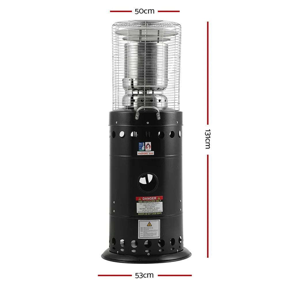 Black outdoor gas heater with safety cage, 131cm tall, labeled dimensions 50cm by 53cm base.