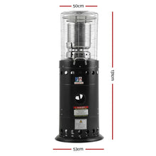 Black outdoor gas heater with safety cage, 131cm tall, labeled dimensions 50cm by 53cm base.