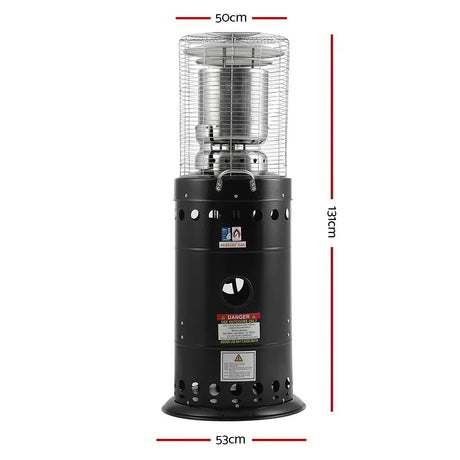 Black outdoor gas heater with safety cage, 131cm tall, labeled dimensions 50cm by 53cm base.