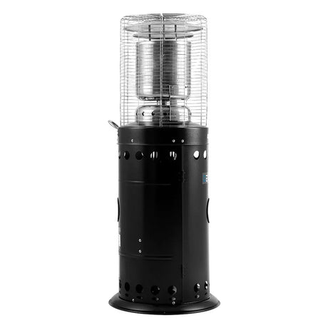 Black outdoor gas patio heater with metal safety grid and cylindrical base