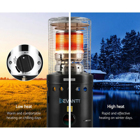 Outdoor gas patio heater with adjustable heat settings, shown in warm and cold weather.