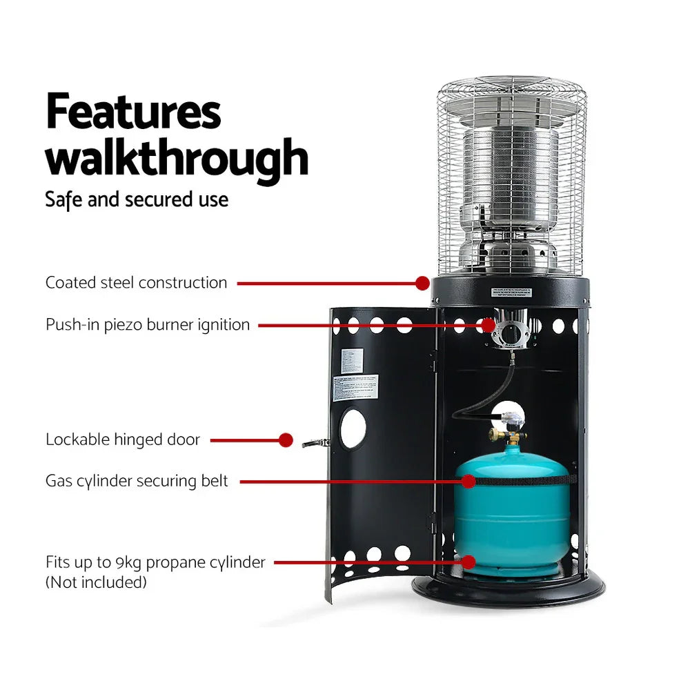 Outdoor gas patio heater with open door, showing propane cylinder and labeled safety features