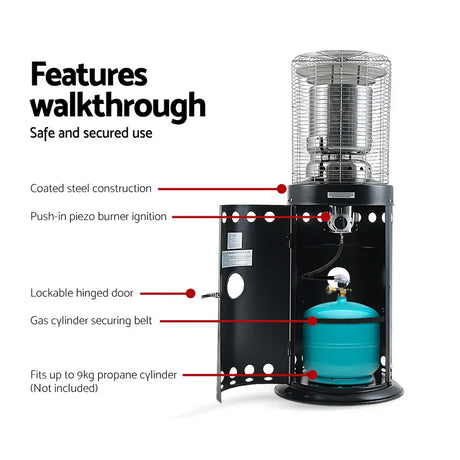 Outdoor gas patio heater with open door, showing propane cylinder and labeled safety features