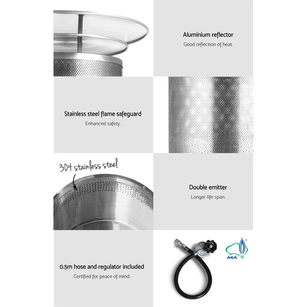 Outdoor heater parts featuring aluminium reflector, stainless steel flame safeguard, 0.5m hose and regulator.