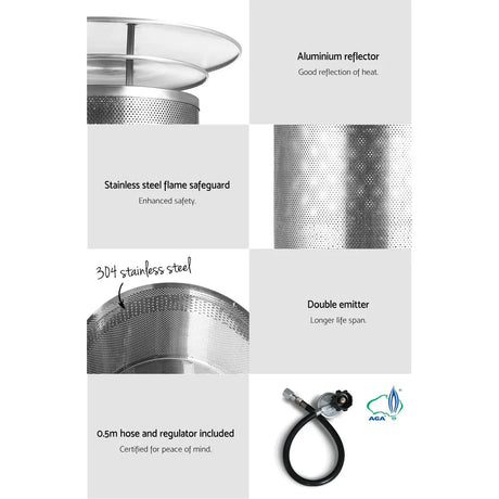 Outdoor heater parts featuring aluminium reflector, stainless steel flame safeguard, 0.5m hose and regulator.