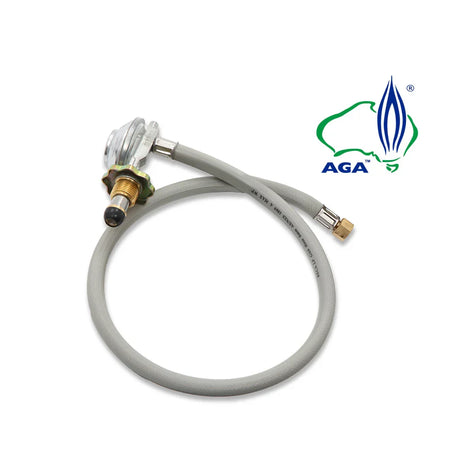 Gas regulator with hose and AGA certification logo on white background