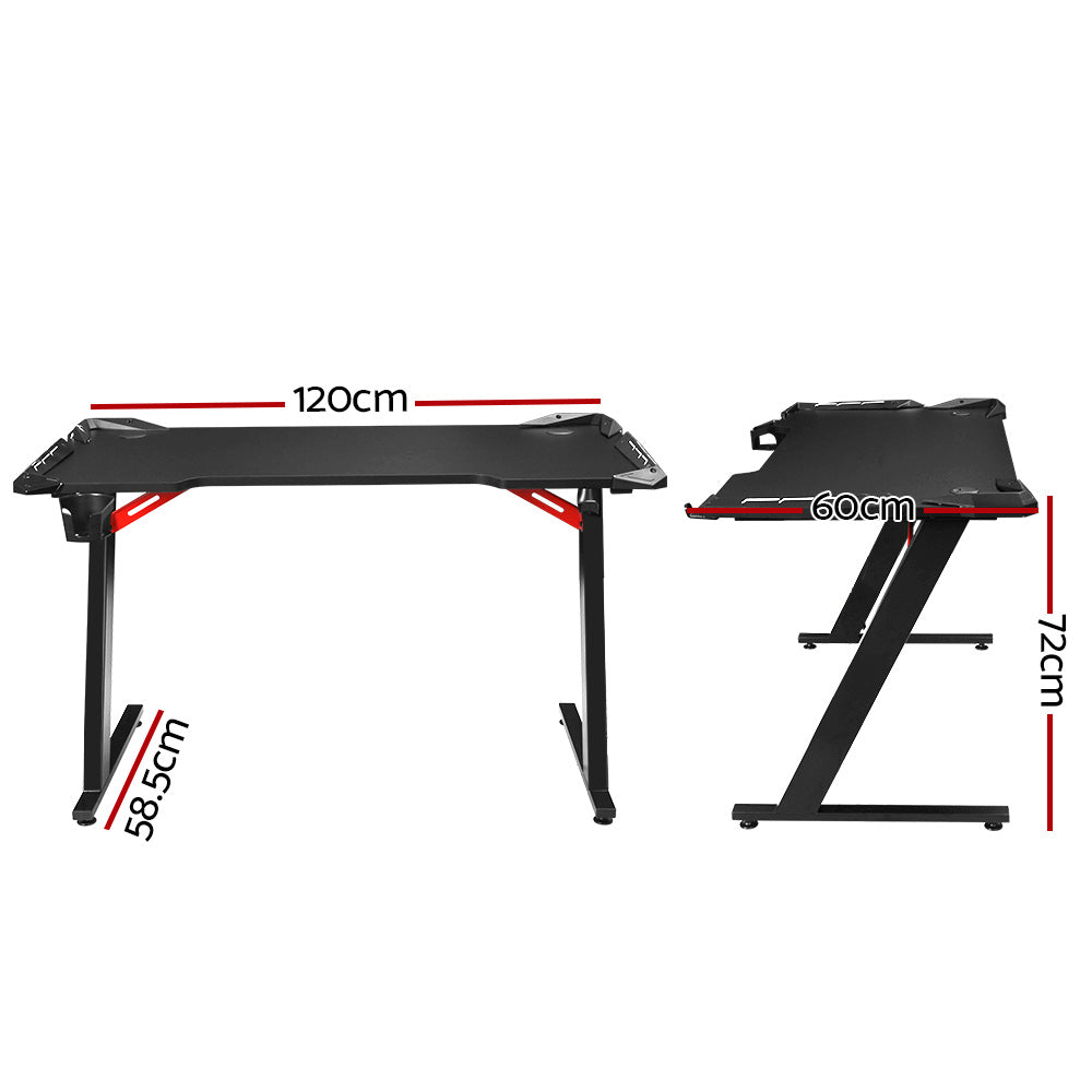Black gaming desk with red accents, 120cm wide, Z-leg design, ideal for PC setup and ergonomic workspace