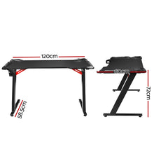 Black gaming desk with red accents, 120cm wide, Z-leg design, ideal for PC setup and ergonomic workspace