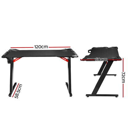 Black gaming desk with red accents, 120cm wide, Z-leg design, ideal for PC setup and ergonomic workspace
