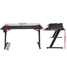 Black gaming desk with red accents, 140cm wide, Z-frame legs, ergonomic design for PC setup