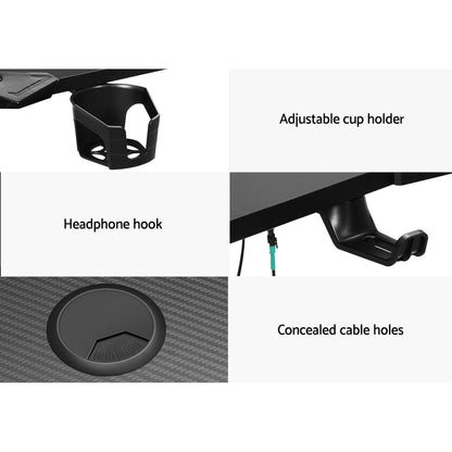 Desk with adjustable cup holder, headphone hook, and concealed cable holes for organized workspace