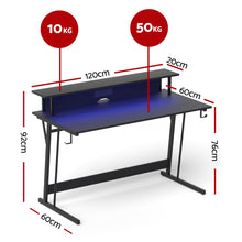 Black dual-layer gaming desk with blue LED, 120cm wide, 50kg top capacity, 10kg shelf capacity