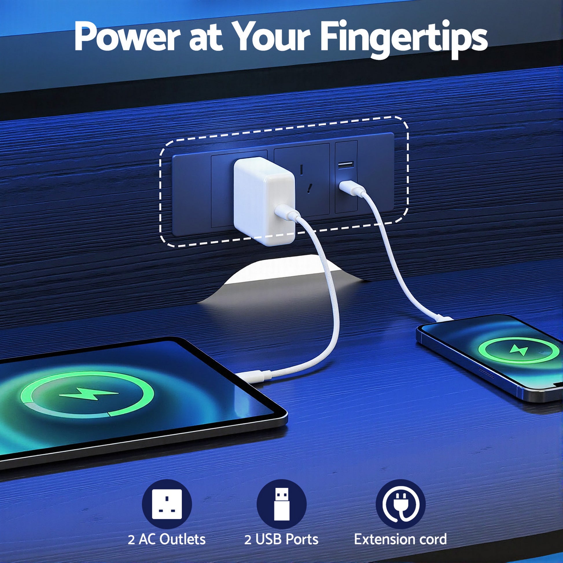 Power strip with 2 AC outlets, 2 USB ports, and extension cord charging tablet and phone