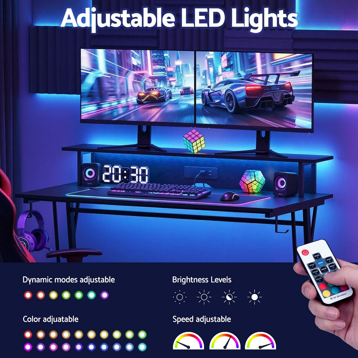 Adjustable LED strip lights for gaming setup with remote control, RGB color modes, brightness & speed settings