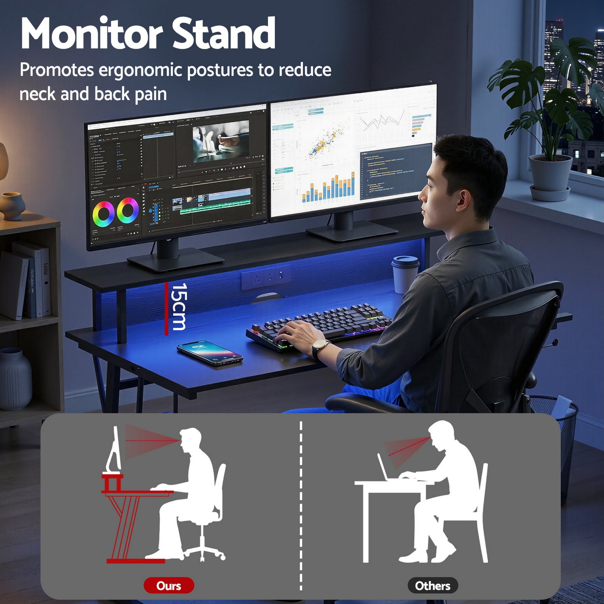Ergonomic monitor stand for dual screens, promotes healthy posture, reduces neck and back pain, 15cm height
