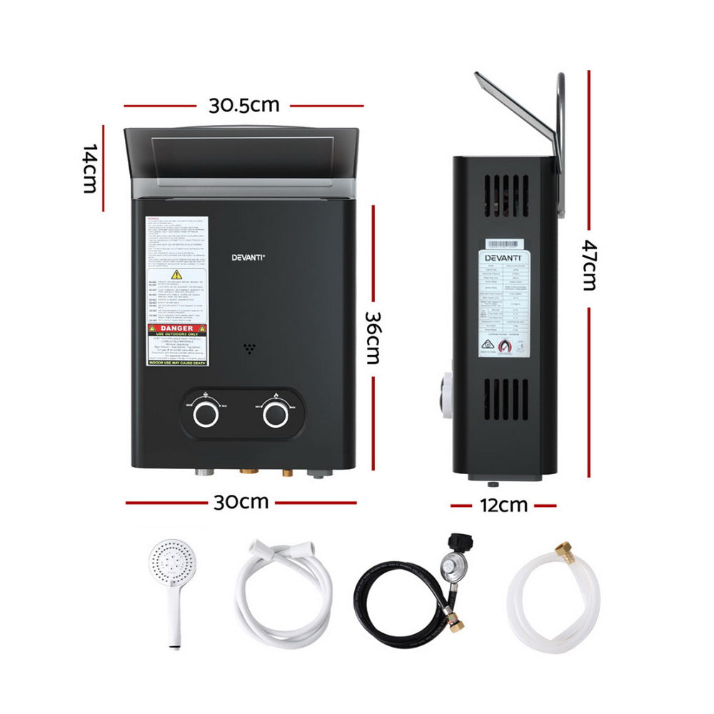 Devanti Portable LPG Gas Water Heater Camping Shower 45°C Max LED Display Rain Shield Black
