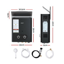 Devanti Portable LPG Gas Water Heater Camping Shower 45°C Max LED Display Rain Shield Black