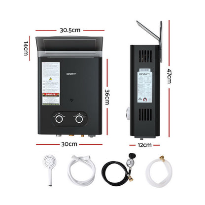 Devanti Portable LPG Gas Water Heater Camping Shower 45°C Max LED Display Rain Shield Black