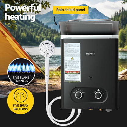 Devanti Portable LPG Gas Water Heater Camping Shower 45°C Max LED Display Rain Shield Black