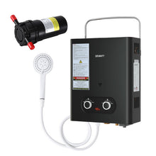 Devanti Portable LPG Gas Water Heater Camping Shower 45°C Max 12V Pump Included Rain Shield Black
