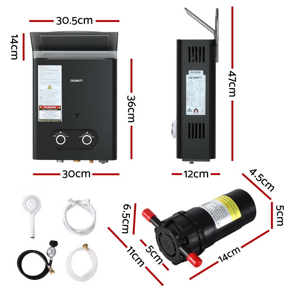 Devanti Portable LPG Gas Water Heater Camping Shower 45°C Max 12V Pump Included Rain Shield Black