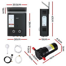 Devanti Portable LPG Gas Water Heater Camping Shower 45°C Max 12V Pump Included Rain Shield Black