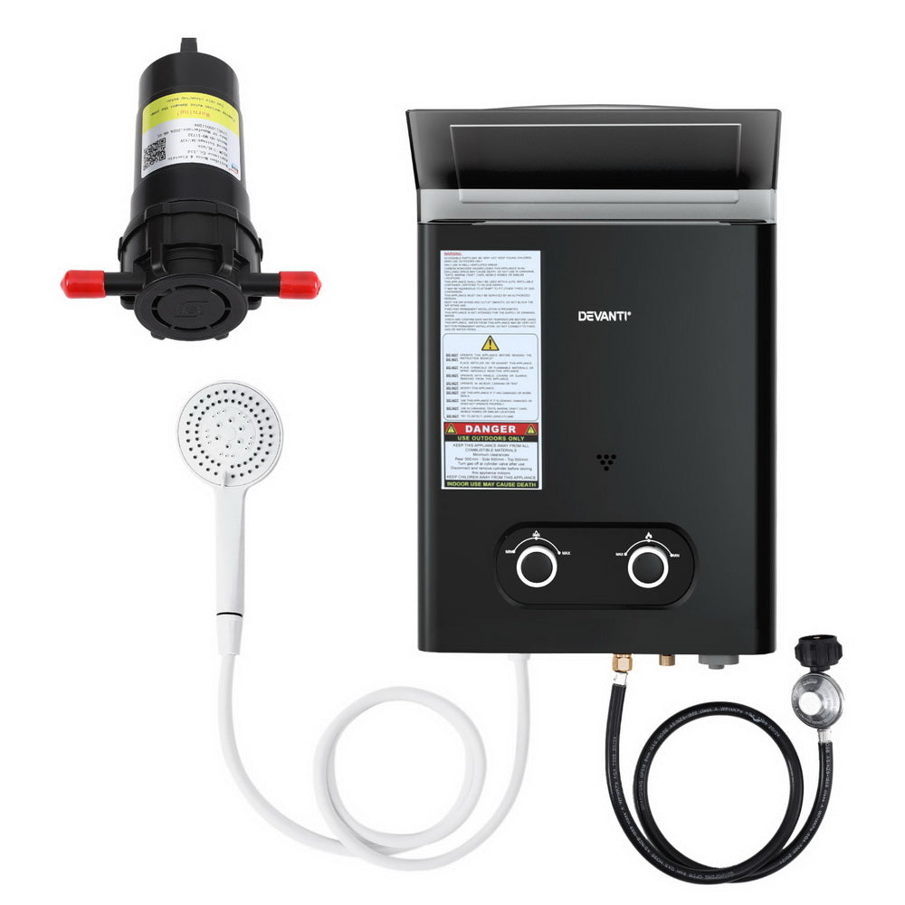 Devanti Portable LPG Gas Water Heater Camping Shower 45°C Max 12V Pump Included Rain Shield Black