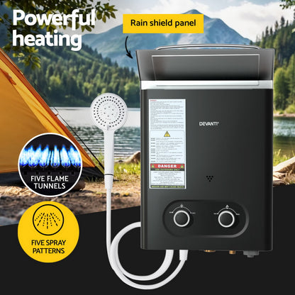 Devanti Portable LPG Gas Water Heater Camping Shower 45°C Max 12V Pump Included Rain Shield Black