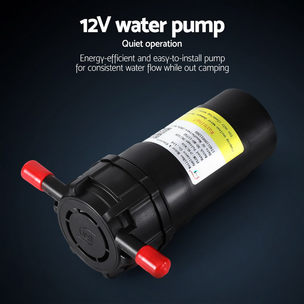 Devanti Portable LPG Gas Water Heater Camping Shower 45°C Max 12V Pump Included Rain Shield Black