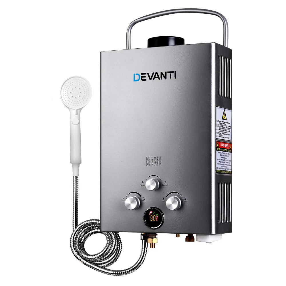 Devanti Portable LPG Gas Water Heater 360L/H Camping Shower 50°C Max 12V Pump Included Grey