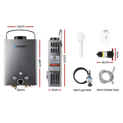 Devanti Portable LPG Gas Water Heater 360L/H Camping Shower 50°C Max 12V Pump Included Grey