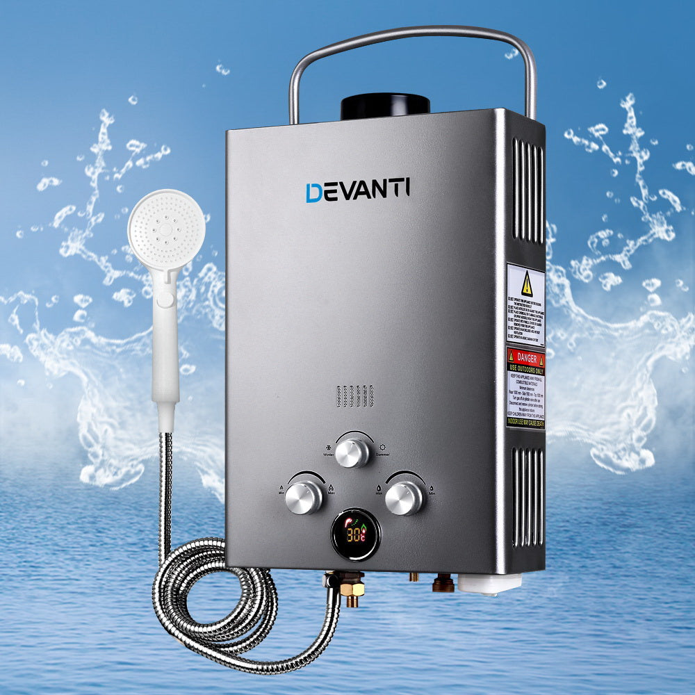 Devanti Portable LPG Gas Water Heater 360L/H Camping Shower 50°C Max 12V Pump Included Grey