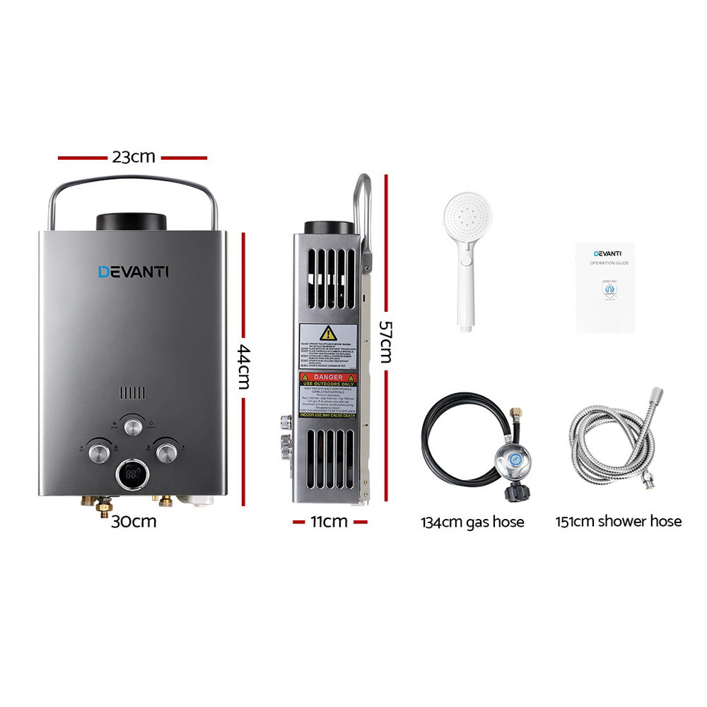 Devanti Portable LPG Gas Water Heater 360L/H Camping Shower LED Display Grey