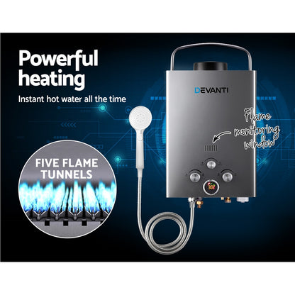 Devanti Portable LPG Gas Water Heater 360L/H Camping Shower LED Display Grey