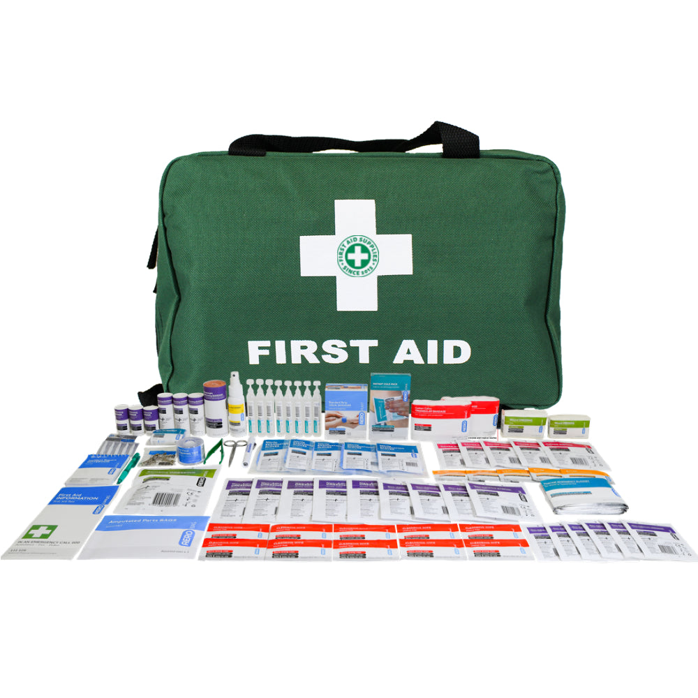 Large green OSH compliant first aid kit, 36 x 18 x 12 cm, stocked for workplaces of up to 10 people