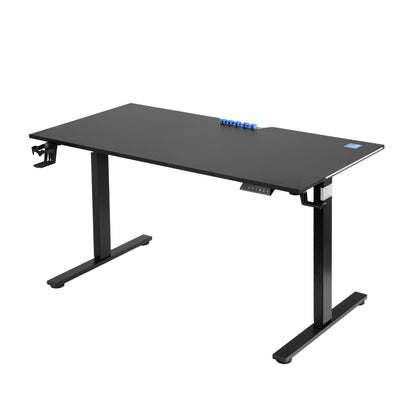 Black adjustable standing desk with blue cable clips and control panel